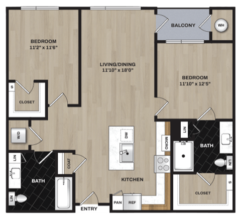 Floor plan for 2 beds, 2 baths, 1103 sqft
